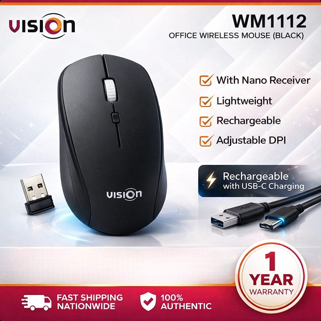 VISION WM1112 Black Wireless Gaming & Office Mouse 2.4GHz Nano Receiver ...