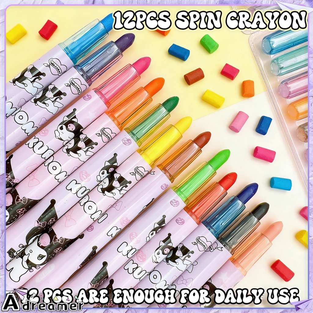 12Color Sanrio Rotating Crayon for kids Kuromi Erasable Wax Crayons ...
