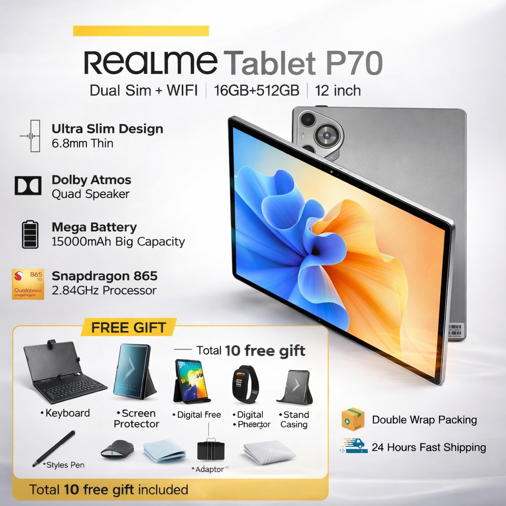 𝐑𝐞𝐚𝐥.𝐦𝐞 Tablet 12 Inch Android 13.0 16GB RAM 512GB ROM Dual SIM 5G LTE ...