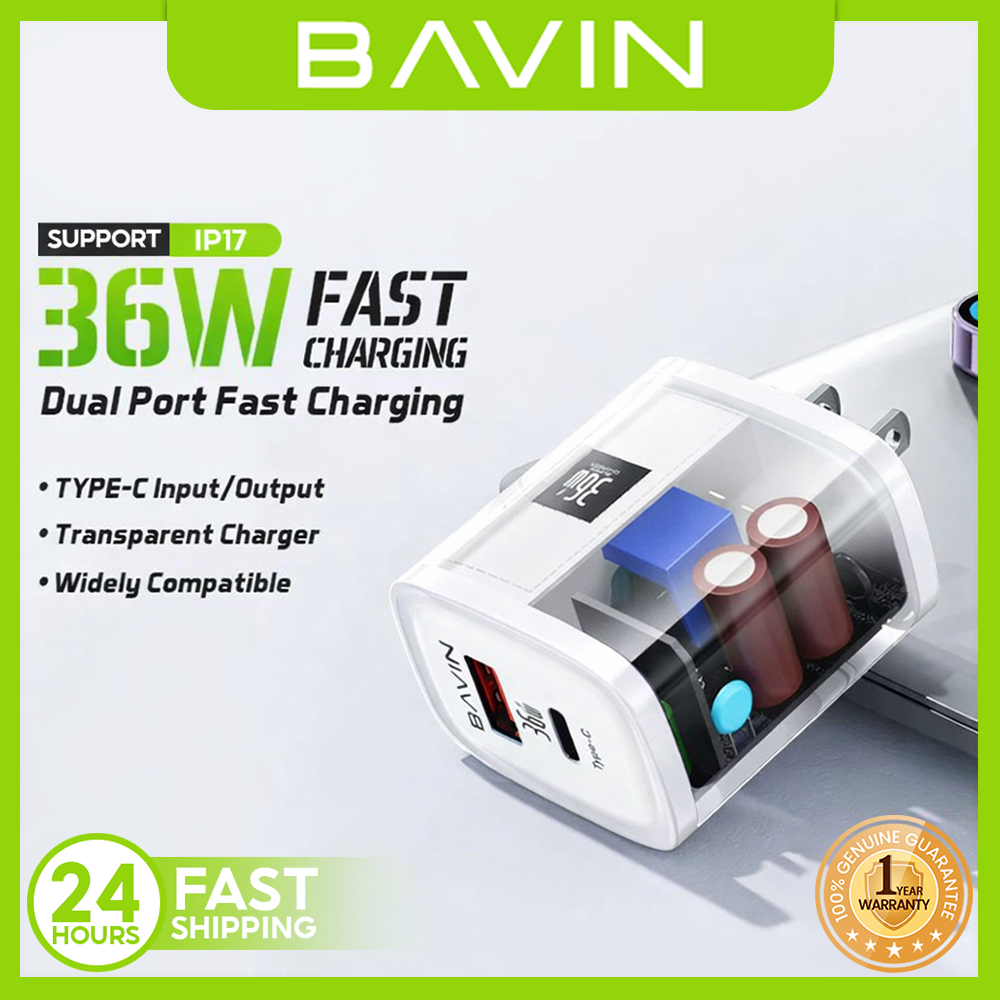 BAVIN PC869 36W Fast Charging Adapter w/ Dual USB & PD Ports Supports ...