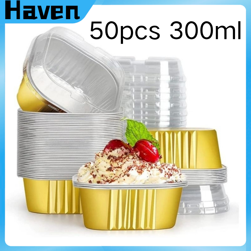 50Pcs 300ml Aluminum Pan Square Foil Cake Container With Plastic Lids ...