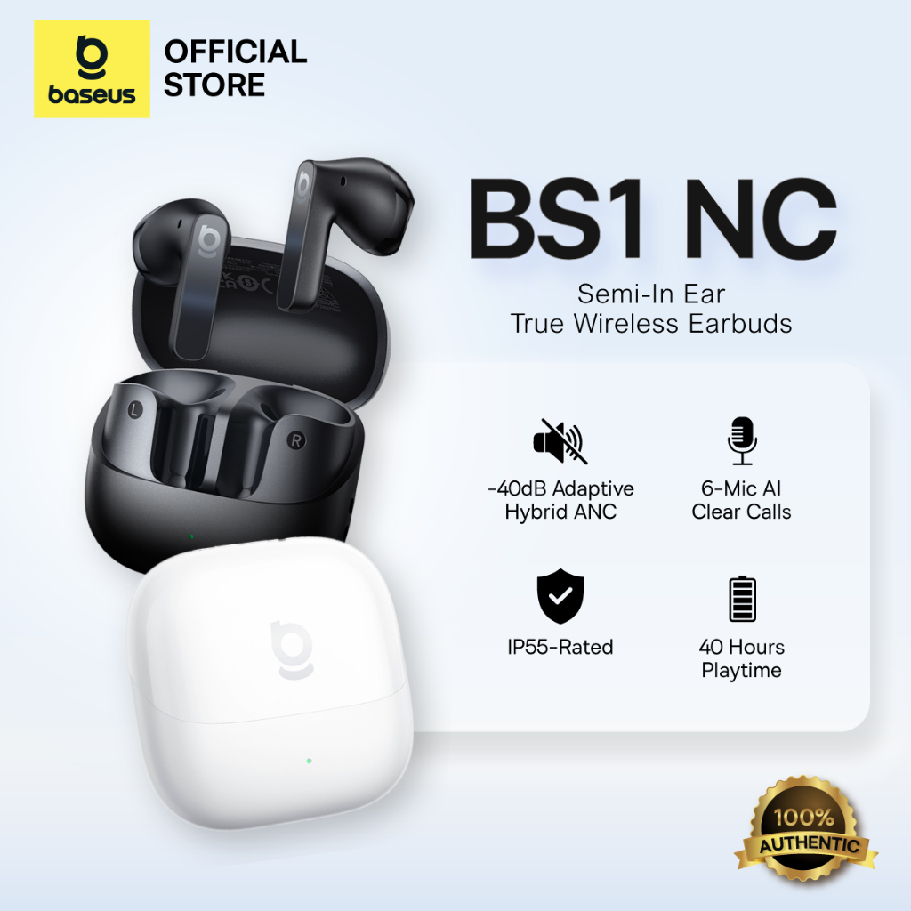 【2-Year Warranty】Baseus Bass BS1 NC Semi-in-Ear TWS Earbuds,Hybrid ANC ...