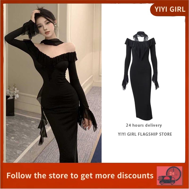 【Christmas hot sale】Sexy dress with deep V-neck slim black long skirt ...