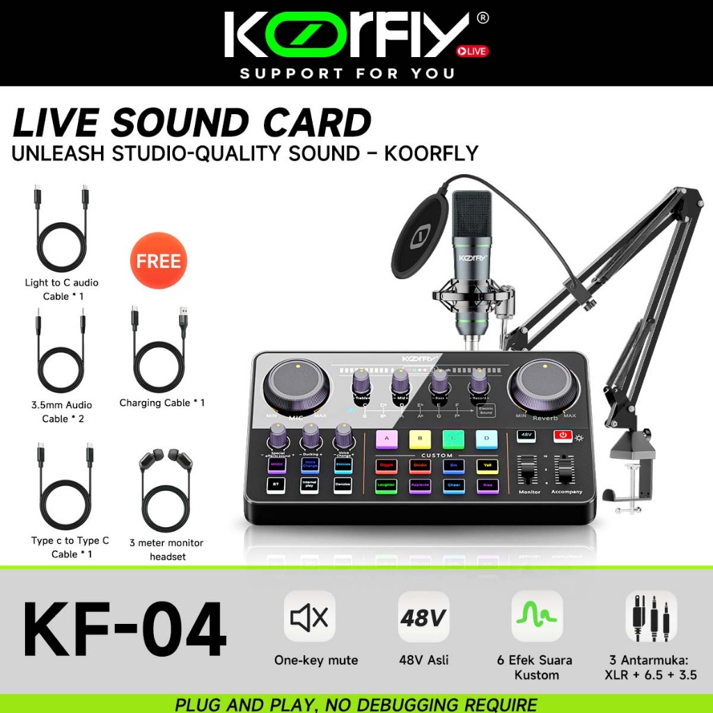 KOORFLY KF04 Live Sound Card Audio Interface Sound Mixer For 48V MIC ...