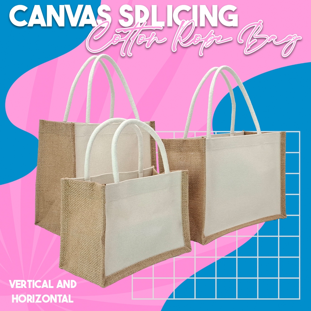 Printable Canvas Splicing Cotton Rope Bag Large Capacity Scrawl Plain ...