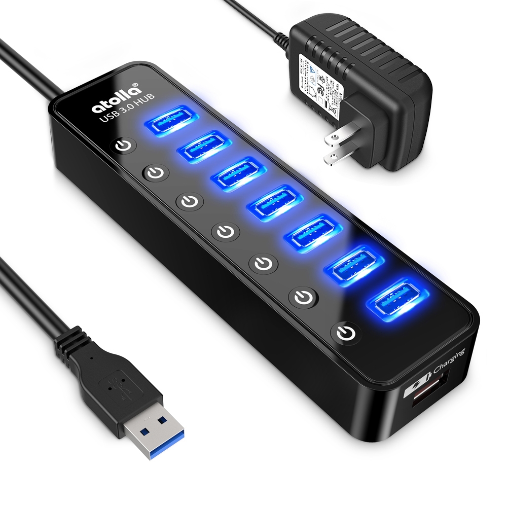 Powered 3.0 USB Hub for Laptop, 7 USB Port Extension, Hub Splitter with ...