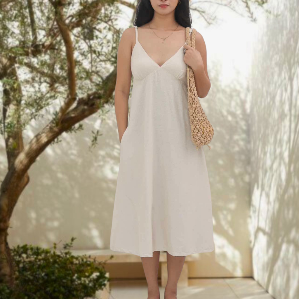 chinese dress ladies Fit & Flare Linen-Blend Midi Dress for Women