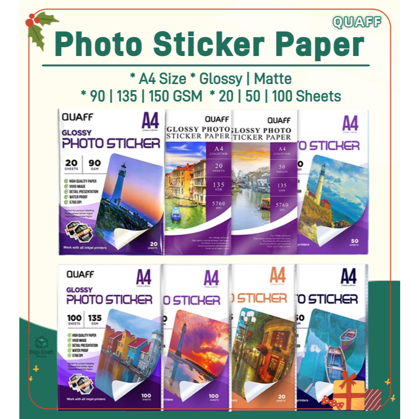 QUAFF Glossy/Matte Inkjet Photo Sticker A4 Size 90gsm/135gsm/150gsm ...