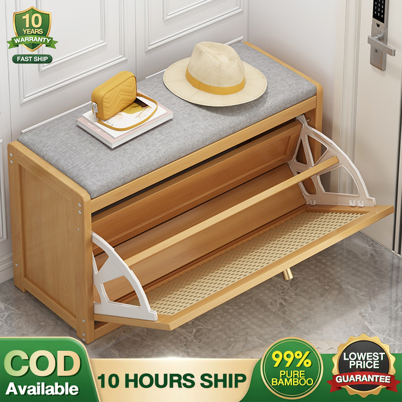 【COD】Bamboo Flip Bucket Shoe Stool Double Layers Shoe Rack Organizer ...