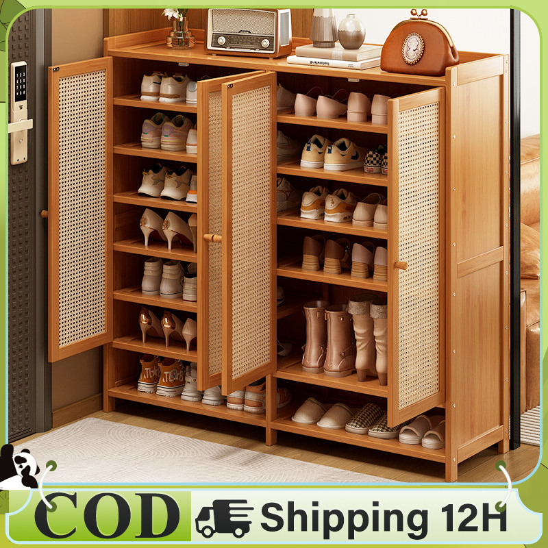 Bamboo Shoe Cabinet Rattan Design Large Capacity Shoe Rack Dustproof ...