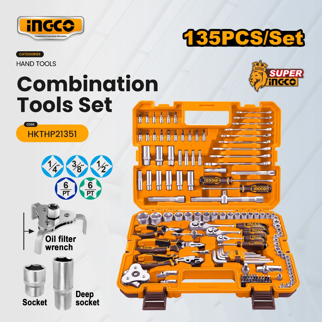 INGCO 135pcs Combination Tools Set with Ratchet, Sockets & Bits for ...
