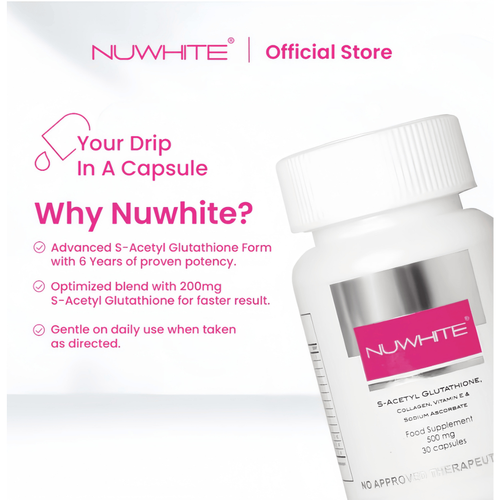 Nuwhite S-Acetyl Glutathione Supplement 30 Capsules Advanced Antioxidant  for Healthy Skin Whitening
