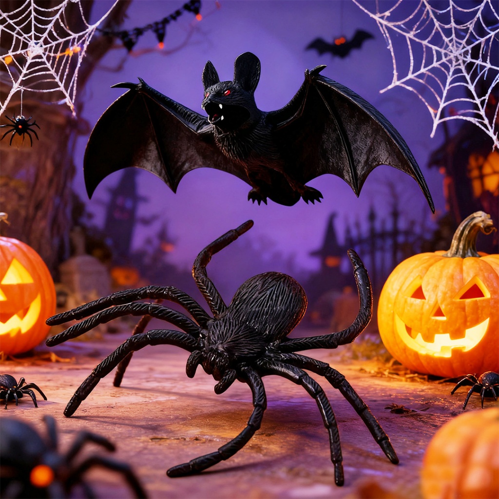 12pcs/Set Silicone Realistic Spiders and Bats Toy Halloween Party Prop ...