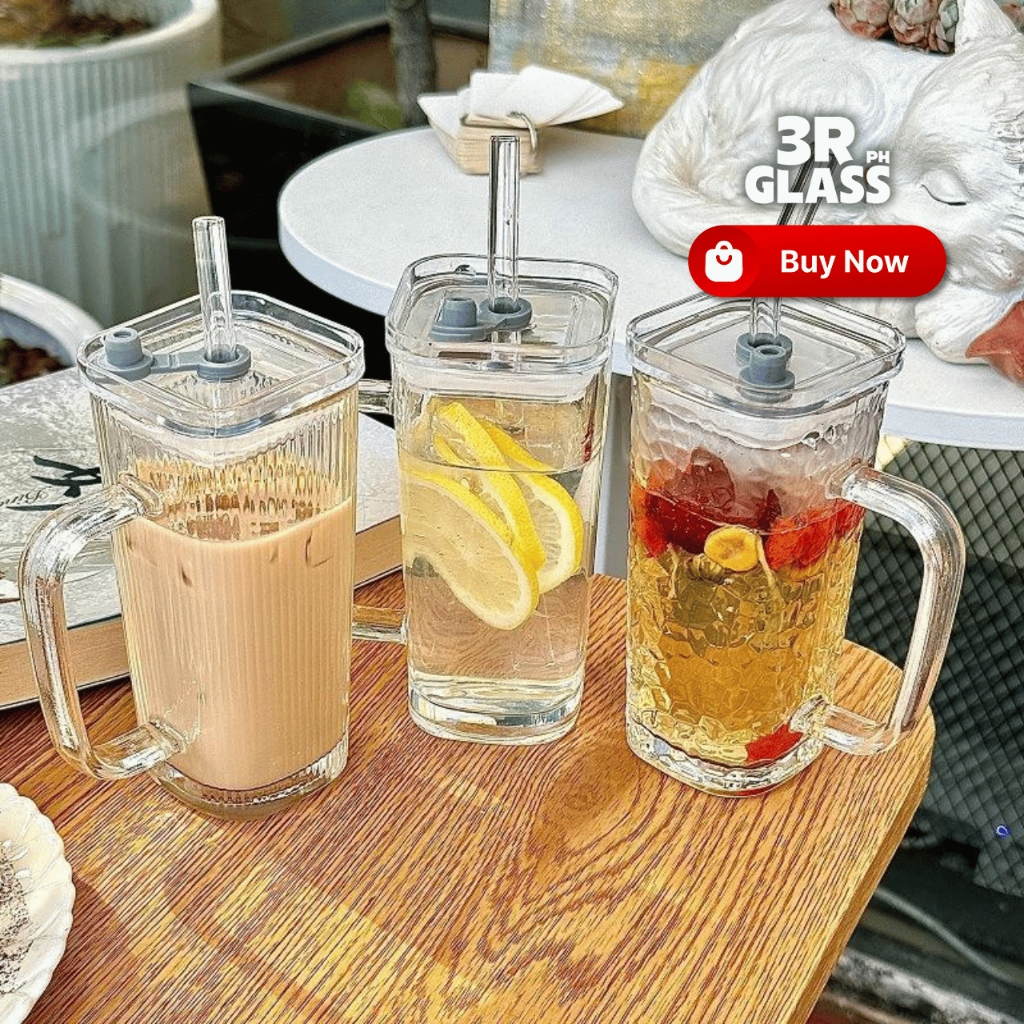 400ml Modern Square Borosilicate Glass Cup with Handle & Straw | Thick ...