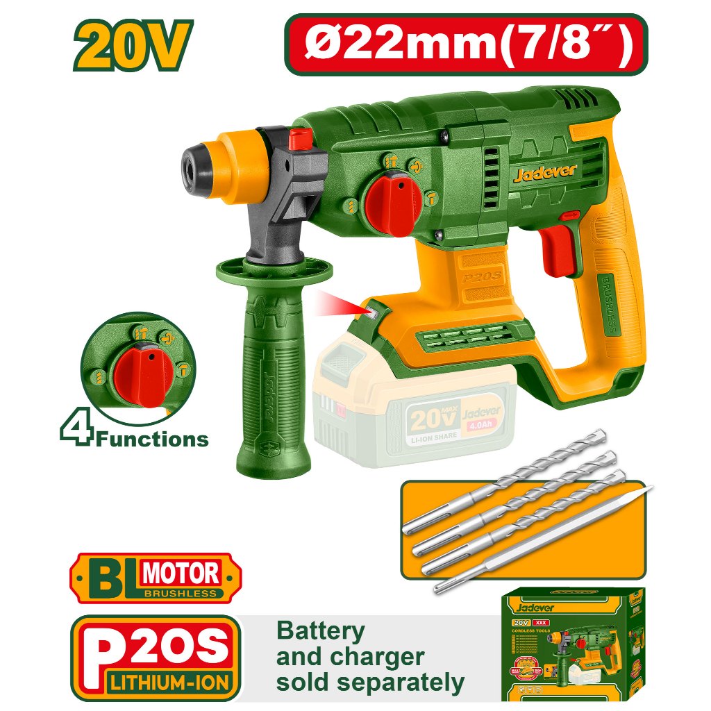 JADEVER 20V Cordless Rotary Hammer | Brushless Motor | 2.0J Impact ...