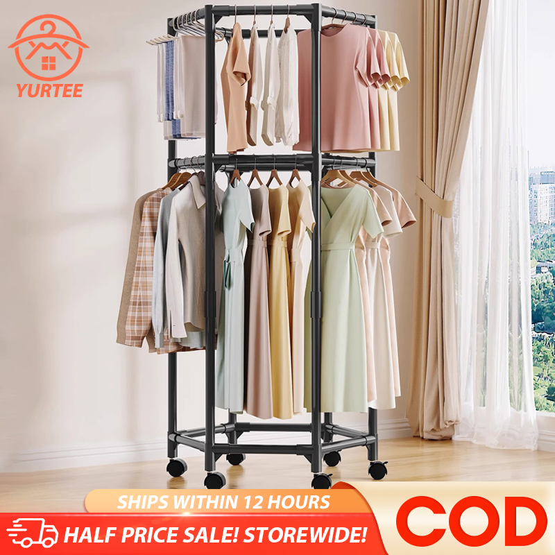 360° Rotating Clothes Hanger with Wheels Drying Rack Hexagonal Folding ...