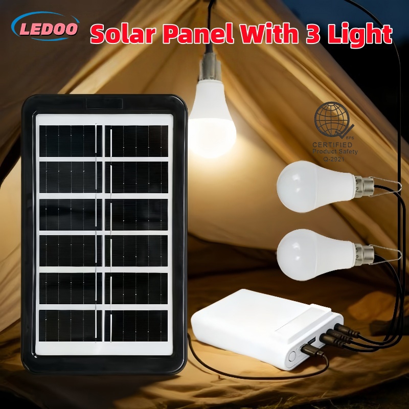 Solar Lighting System With 3 Hanging LED Bulbs Solar Panel Camping ...