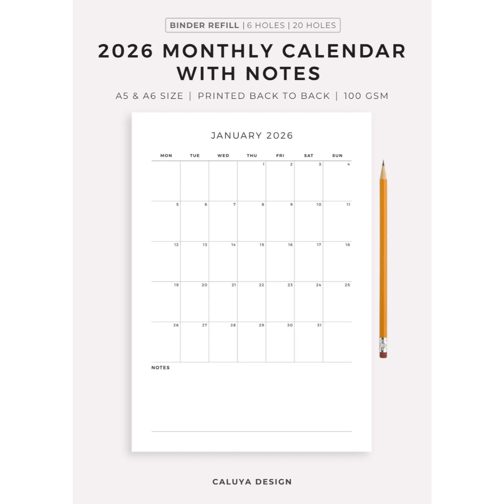 A5 A6 2026 Monthly Calendar with Notes Planner Binder Refill Loose Leaf ...