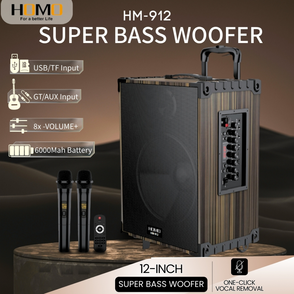 Super Bass Wooden Speaker 12-inch Subwoofer Dual Wireless Mics Remote ...