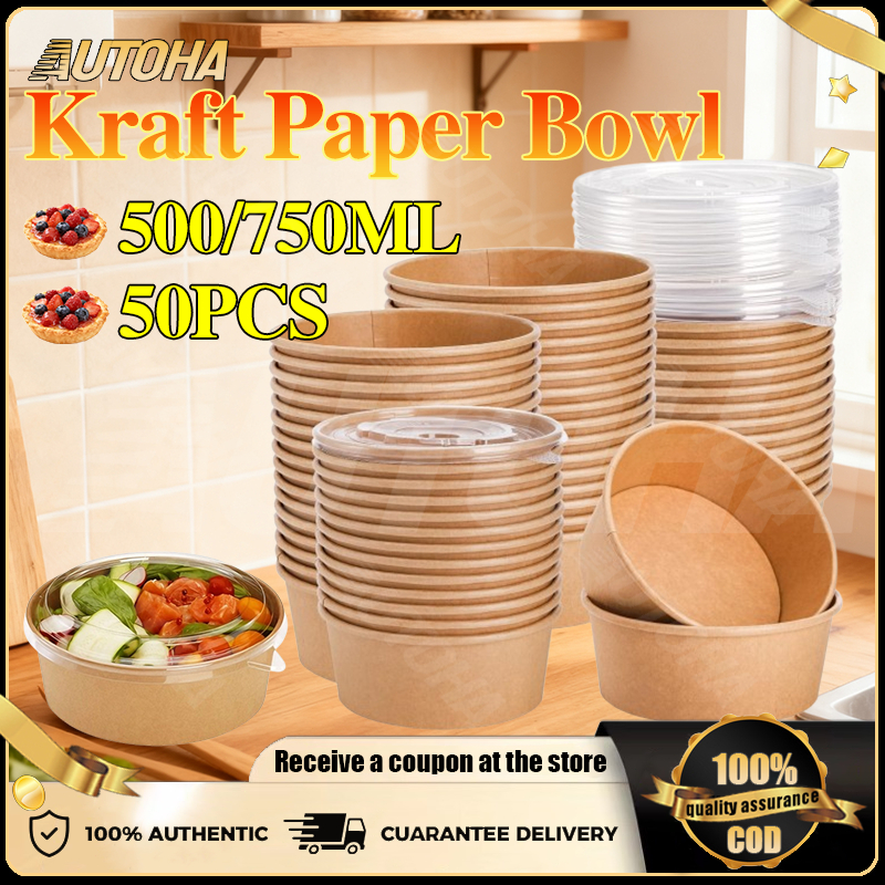 50PCS Kraft Paper Bowls with Leak-Proof Lid for Food Biodegradable ...