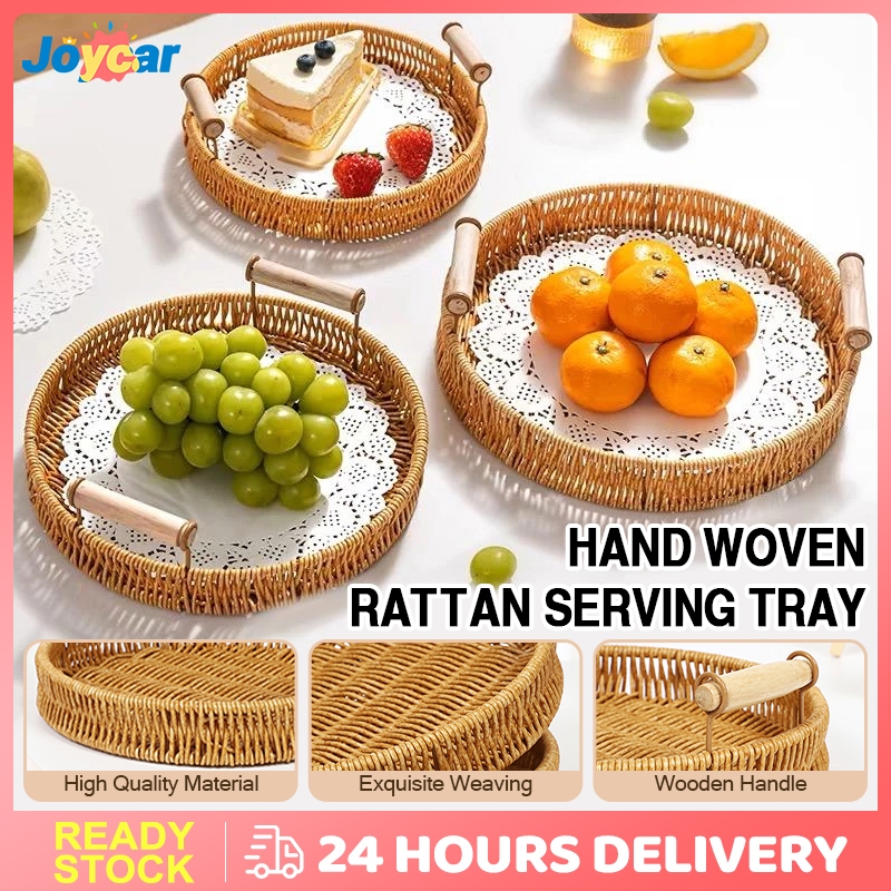Multipurpose Rattan Tray With Handles Round Lightweight Stackable ...