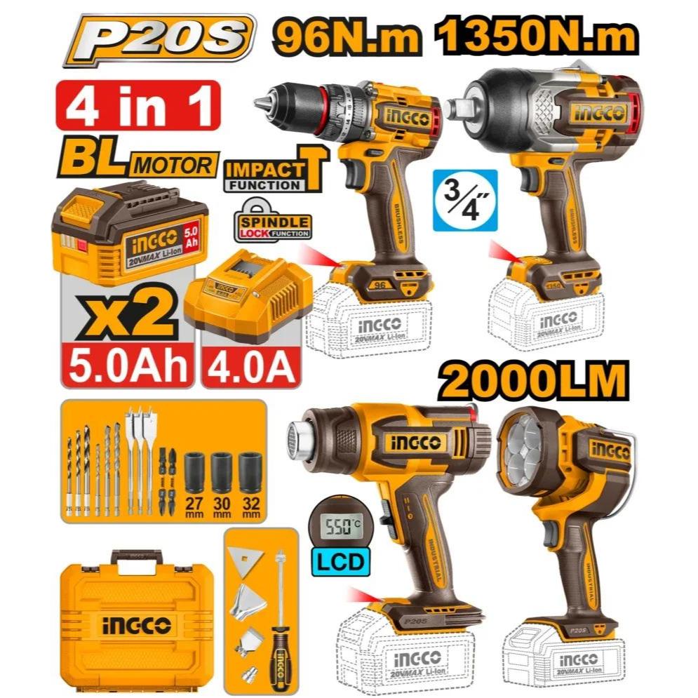 INGCO 4 PCS 20V Cordless Brushless Power Tool Set (4in1)