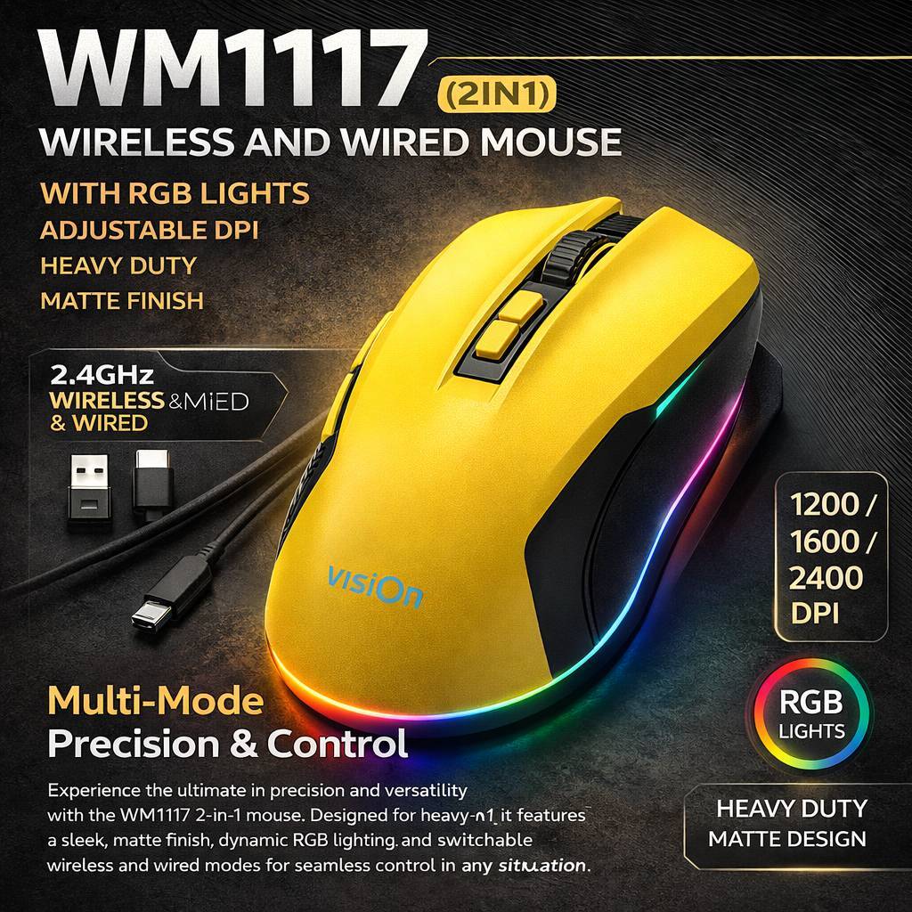 VISION WM1117 2-in-1 RGB Gaming Mouse Wireless & Wired Adjustable DPI ...