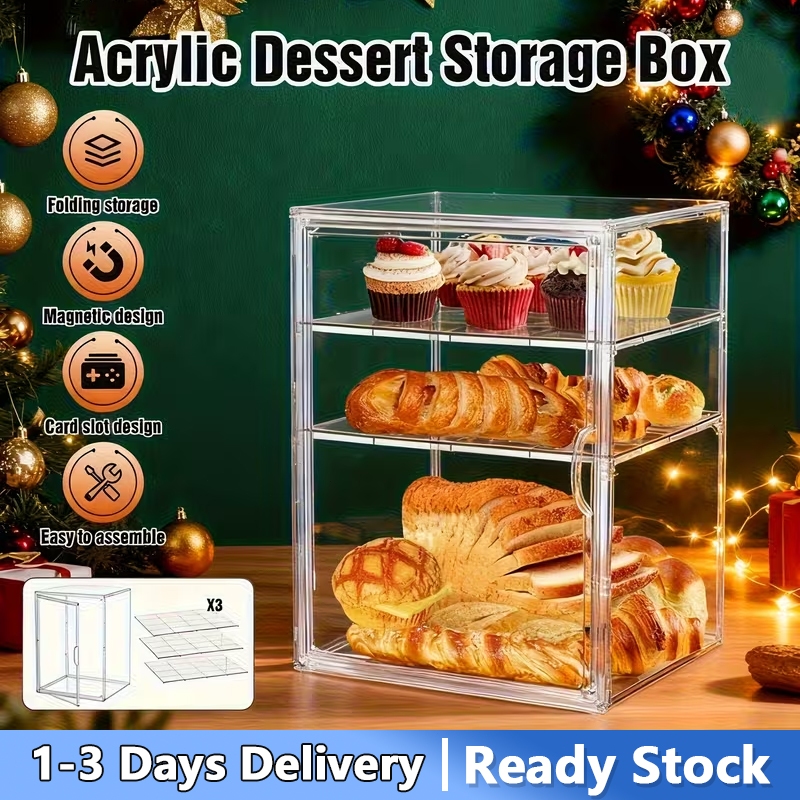 2/3 Layers Acrylic Display Case Magnetic Dustproof Bread Cake Storage ...