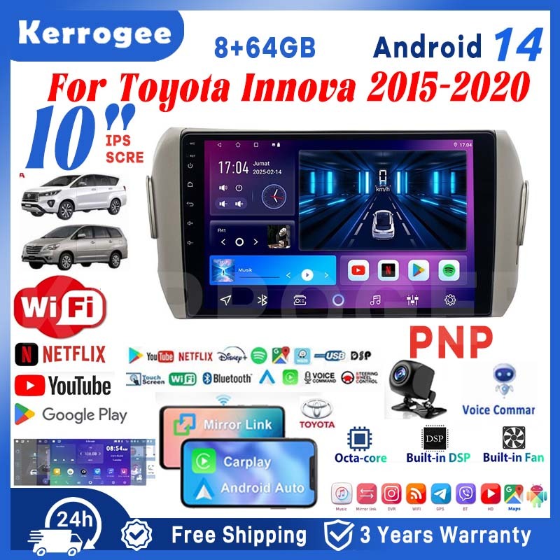 For Toyota Innova 2015-2020 8G+64G Car Android 14 Head Unit 10 Inch IPS ...