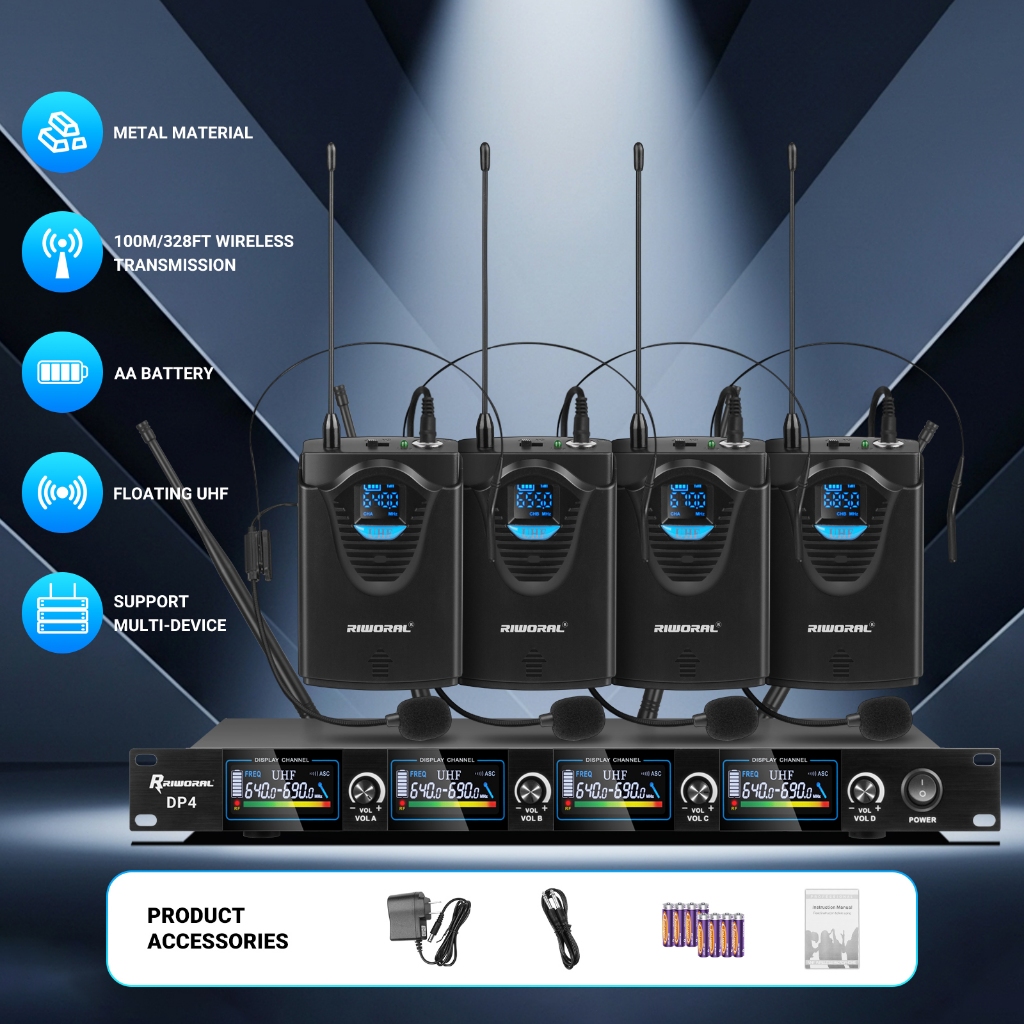 Wireless Microphone 4 Channel Headset Mike Uhf 8 Pcs Bodypacks With ...