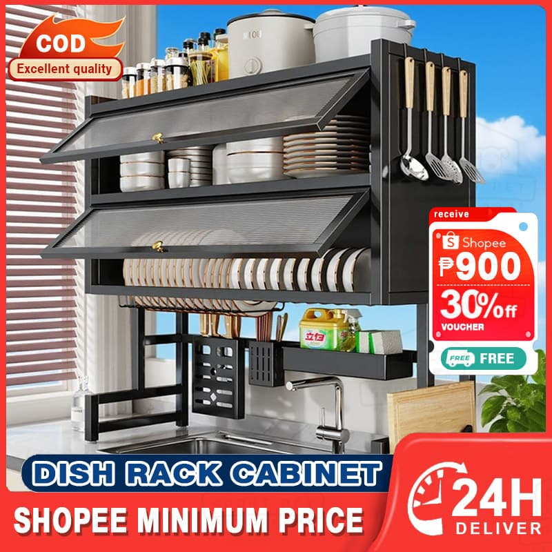 Dish Rack Dish Cabinet Rack Sink Rack With Cover Drying Storage Kitchen ...