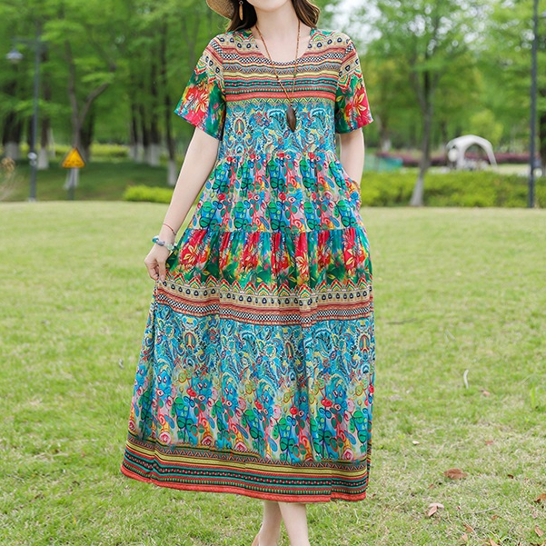 long pink beach dress Bohemian Floral Print Long Dress Pink / S