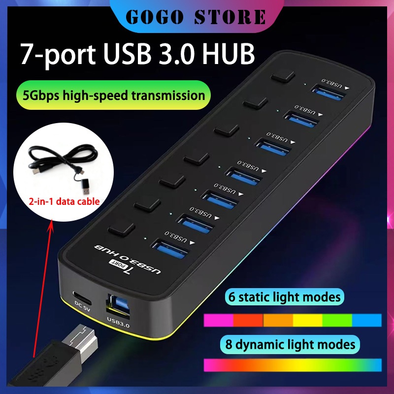 Colorful USB 3.0 Hub 7-Port USB Port Adapter 5Gbps Independent On/Off ...