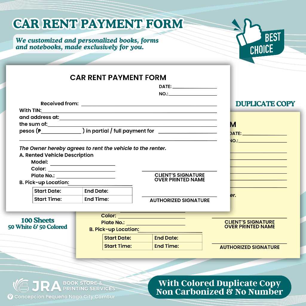 100 Sheet Car Rent Payment Acknowledgement Slip Pad – Receipt Form for ...