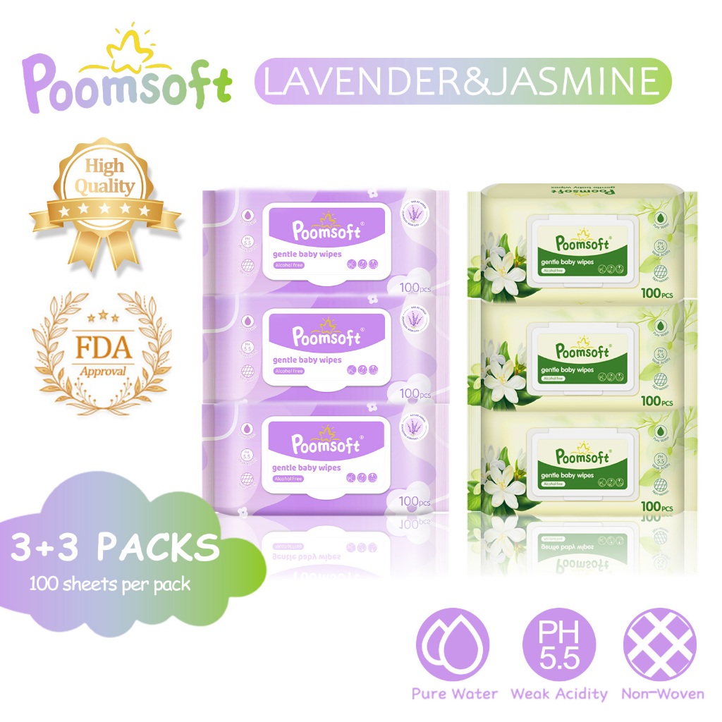Poomsoft 3+3 Packs x 100 Sheet Lavender and Jasmine Mix Scented Alcohol ...