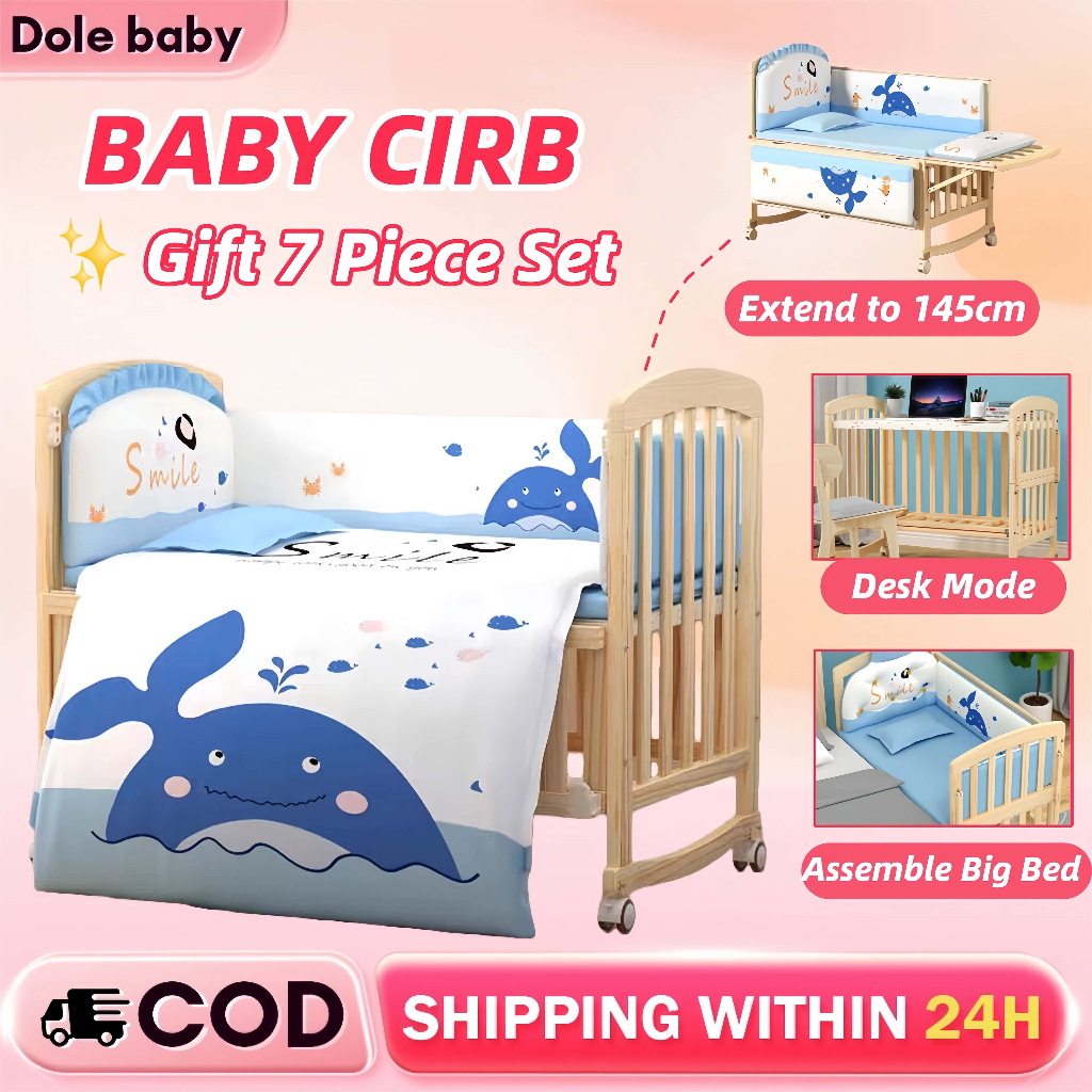 【Warranty】7 IN 1 Wood Crib For NewBorn Baby Cradle Splicing Crib Baby ...
