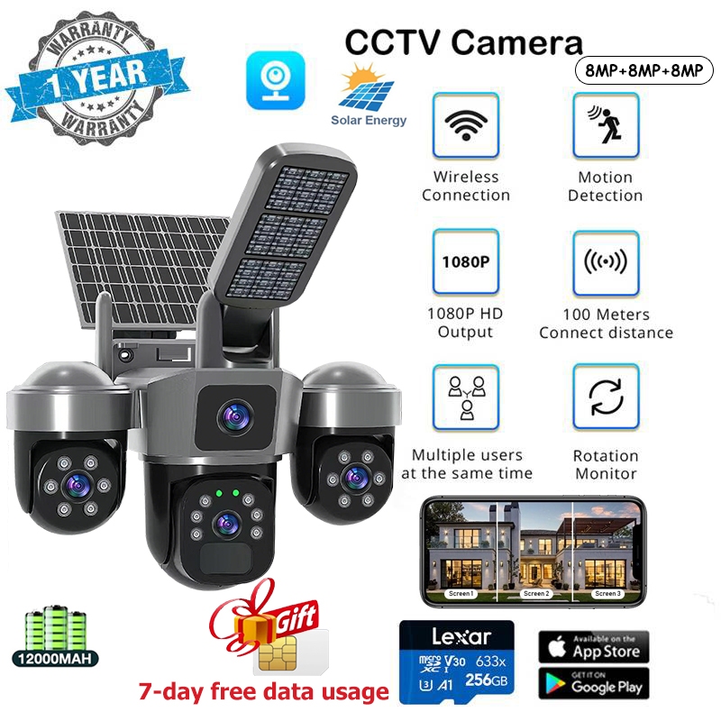 4G SIM Three Lens Solar CCTV Camera Outdoor Two-Way Audio Full Color ...