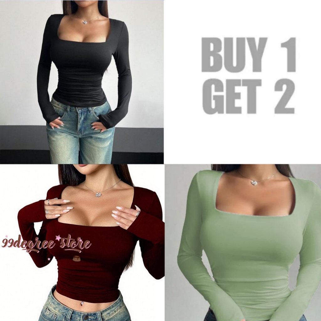 Buy 1Take 2 And Buy 1 Take 1 Double Lining Square Neck Long Sleeves Top ...