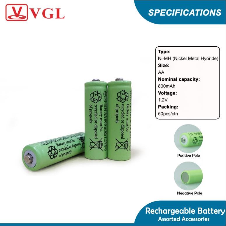 VGL Ni-MH Battery AA Rechargeable Batteries, 1.2V 800mAh Pre-Charged (2 ...