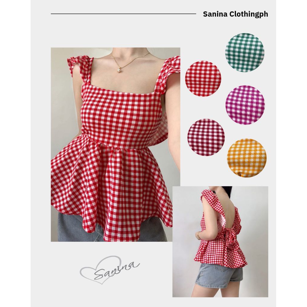 SANINA WOMENSWEAR • #6022 Girly Gingham Square Neck Ruffle Top Peplum ...