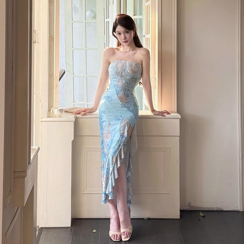 knee length dresses for ladies Women's Light Blue Smocked Tiered Short Puff Sleeve Maxi Dress main image 1