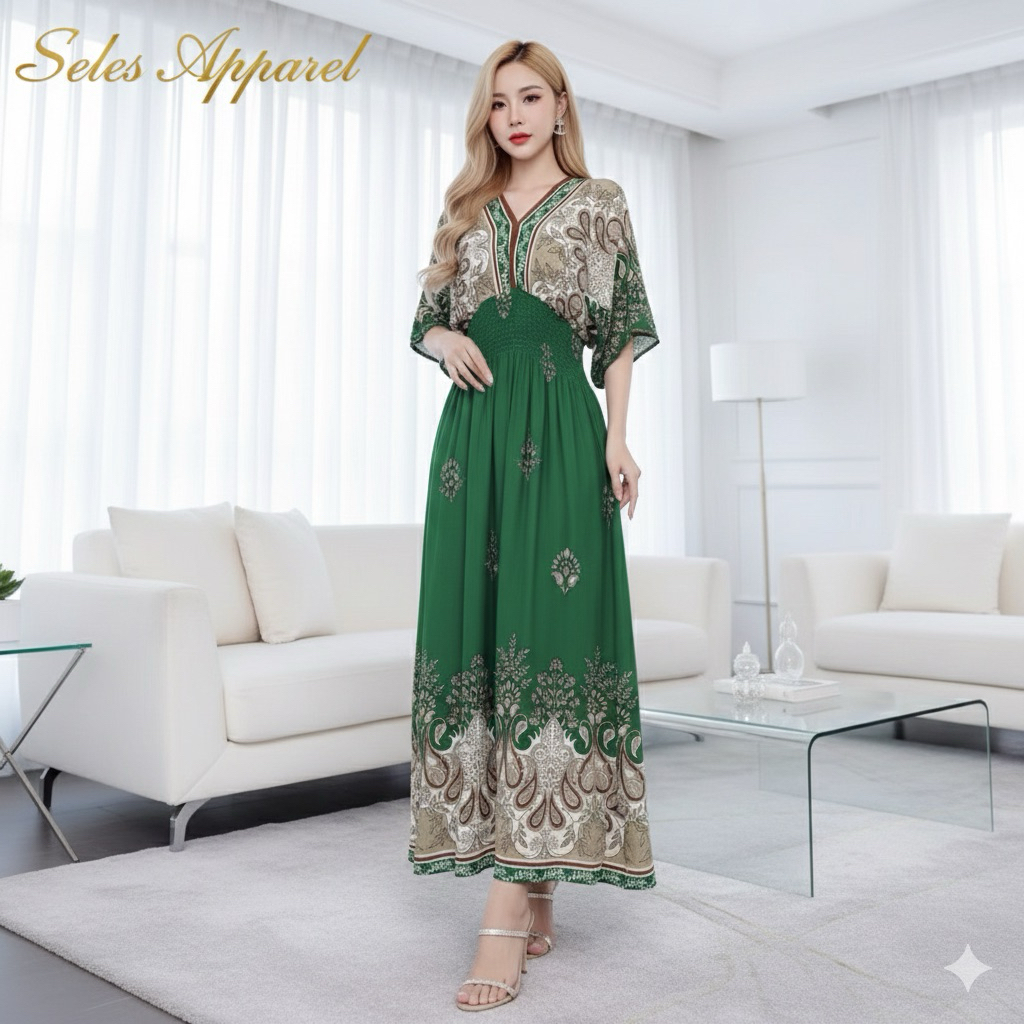 shopee bohemian dress Ice Silk V Neck Dress, Elastic Waist, Bohemian Style