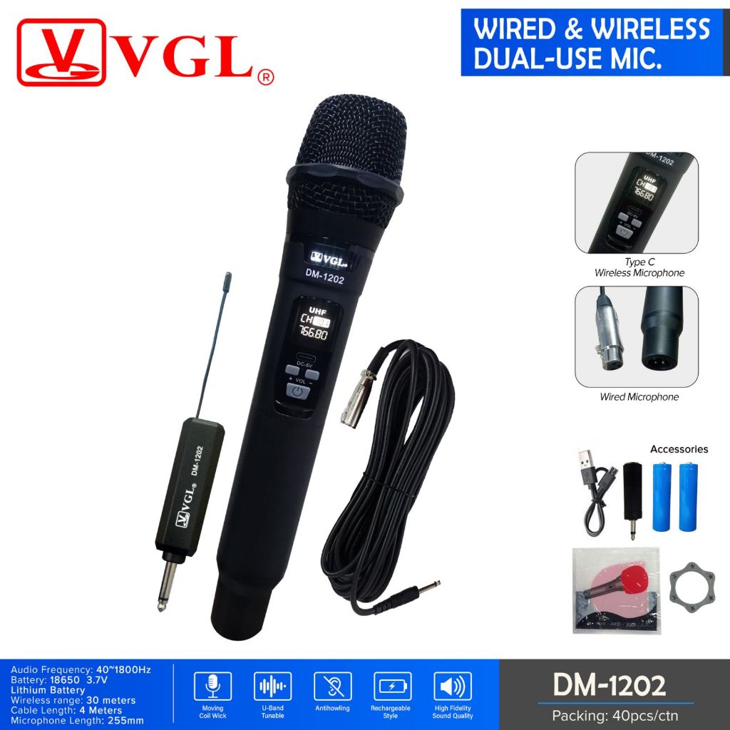 VGL DM-1202 UHF Wireless & Wired Dual-Use Handheld Microphone ...