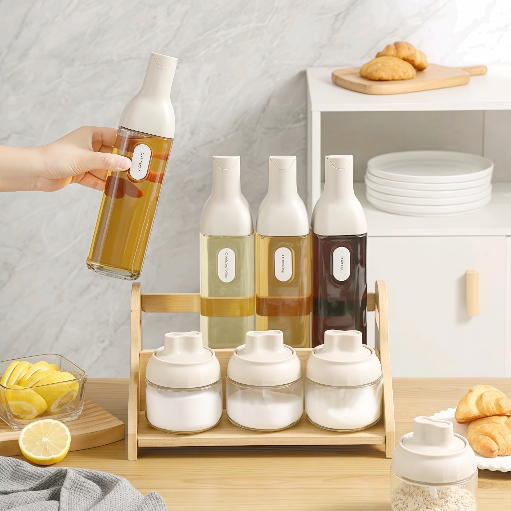 Automatic Opening Lid Glass Oil Bottle Seasoning Bottle and Wooden Rack ...