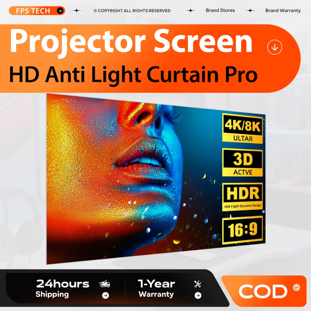 FPS Projector Screen 84/120 inch Anti-Light Curtain 4K UHD Portable ...