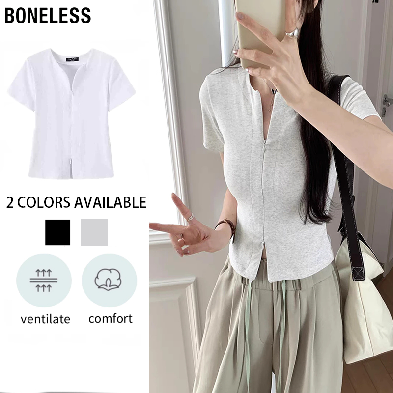 BONELESS Fashion Hazel top unique double zipper pure cotton shirt ...