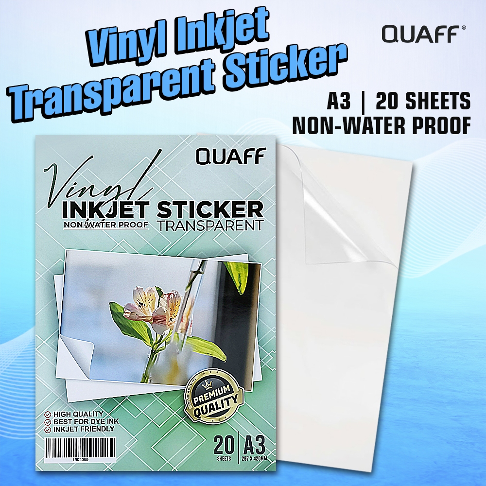 QUAFF A3 Transparent Vinyl Sticker Paper Inkjet Printable Clear Non