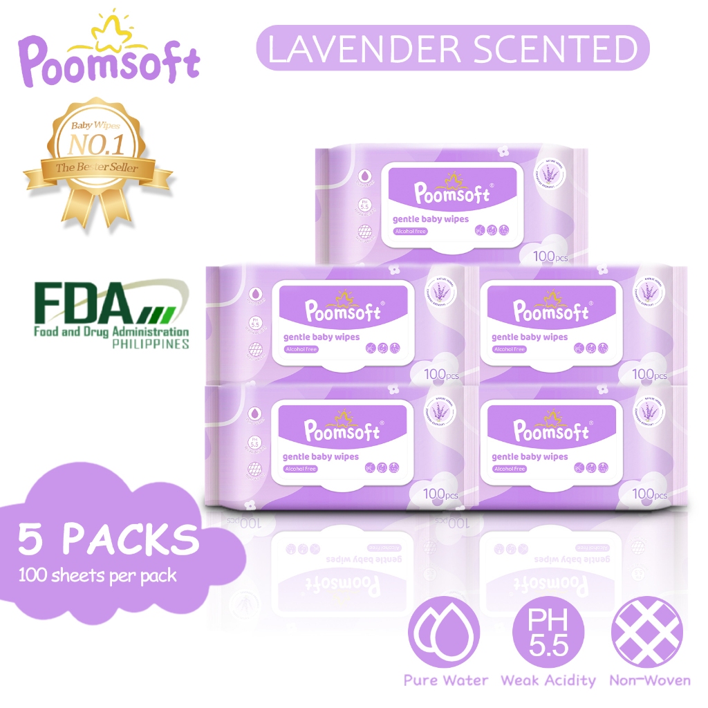 Poomsoft 5 Packs x 100 Sheet Lavender Scented No-Alcohol Gentle Wipes ...