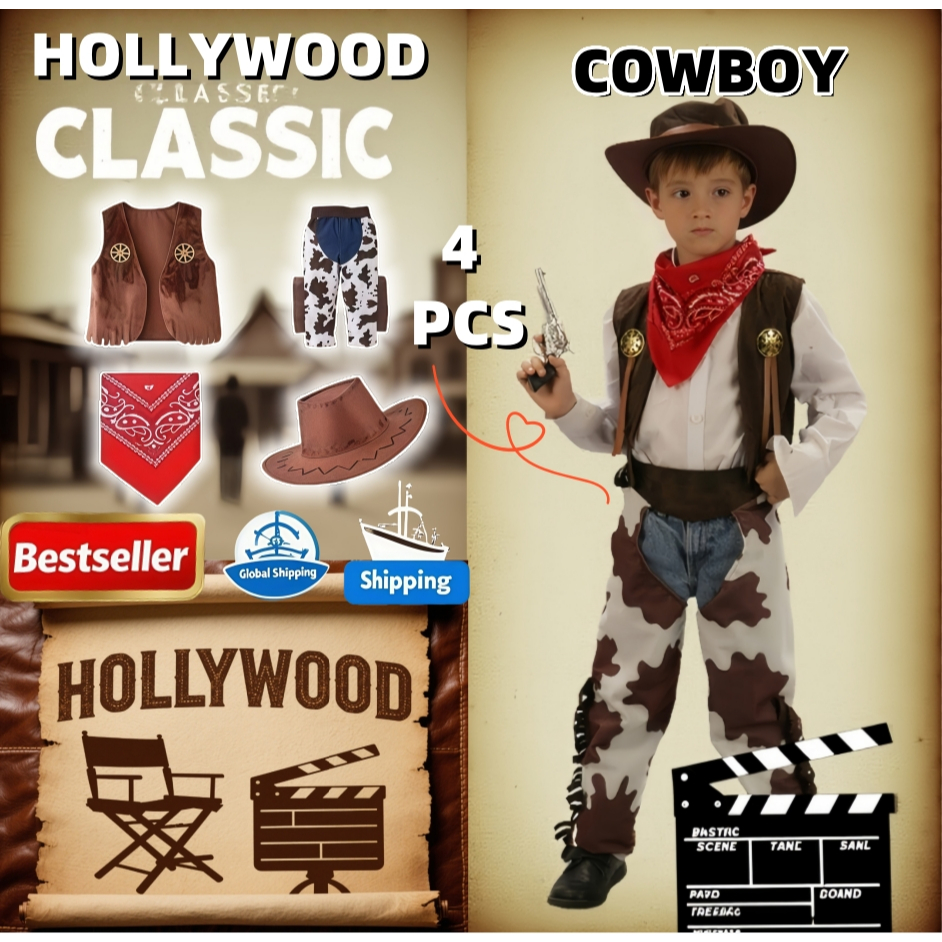 Déguisement Cowboy Enfant,Ensemble Bebe Garçon Western Cowboy Costume de Festival de Cowboy Occidental Ensemble Gilet, Bonnet, écharpe et Pantalon 4 Pièces Costume de Cosplay Halloween Fête Costume