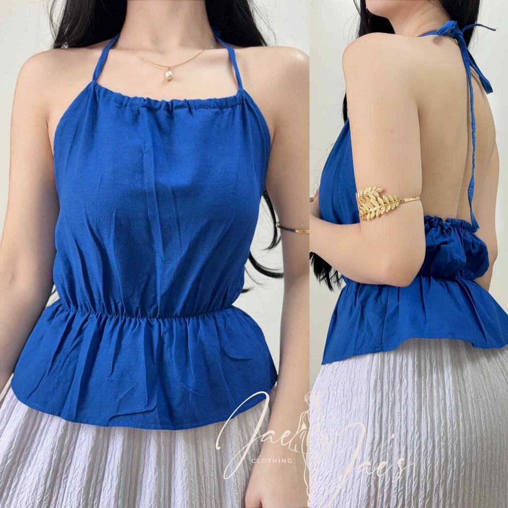 Shuvee Linen Halter Tie Open Back Peplum Body Hugging Top For Women ...